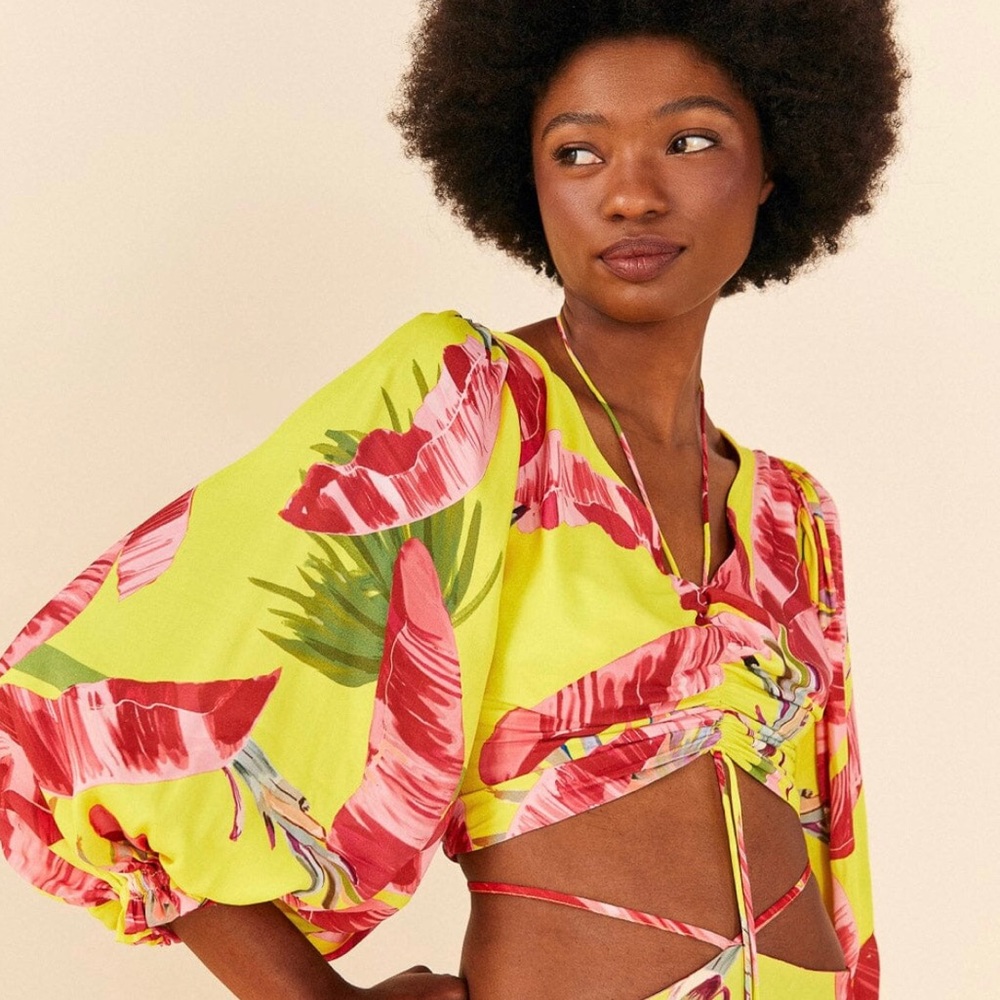 Farm Rio silky halter top crop top in yellow & pink detailing & beaded tassels.